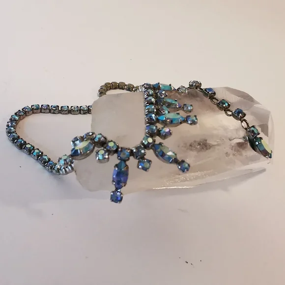 Vintage Sherman aurora borealis iridescent blue rhinestone necklace - Picture 3 of 7